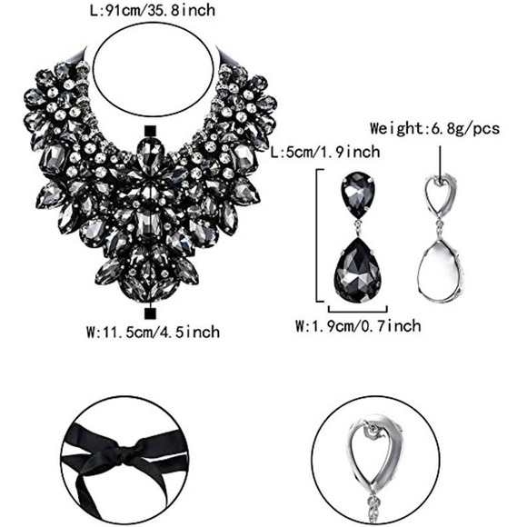 Black Encrusted Rhinestone Crystal Statement Necklace Earrings Set Cachoban - Picture 3 of 5